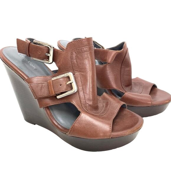 Calvin Klein JAMIE Brown Leather Wedge Sandals Womens Shoes sz 8.5 - Picture 1 of 16